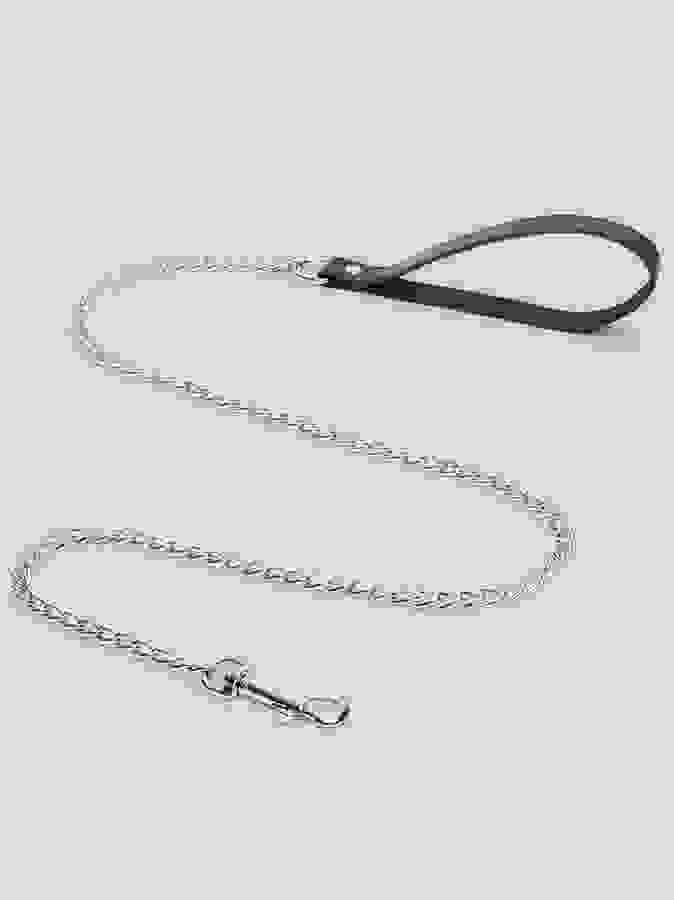 Bondage Boutique Chain Lead with Leather Handle, Black, hi-res
